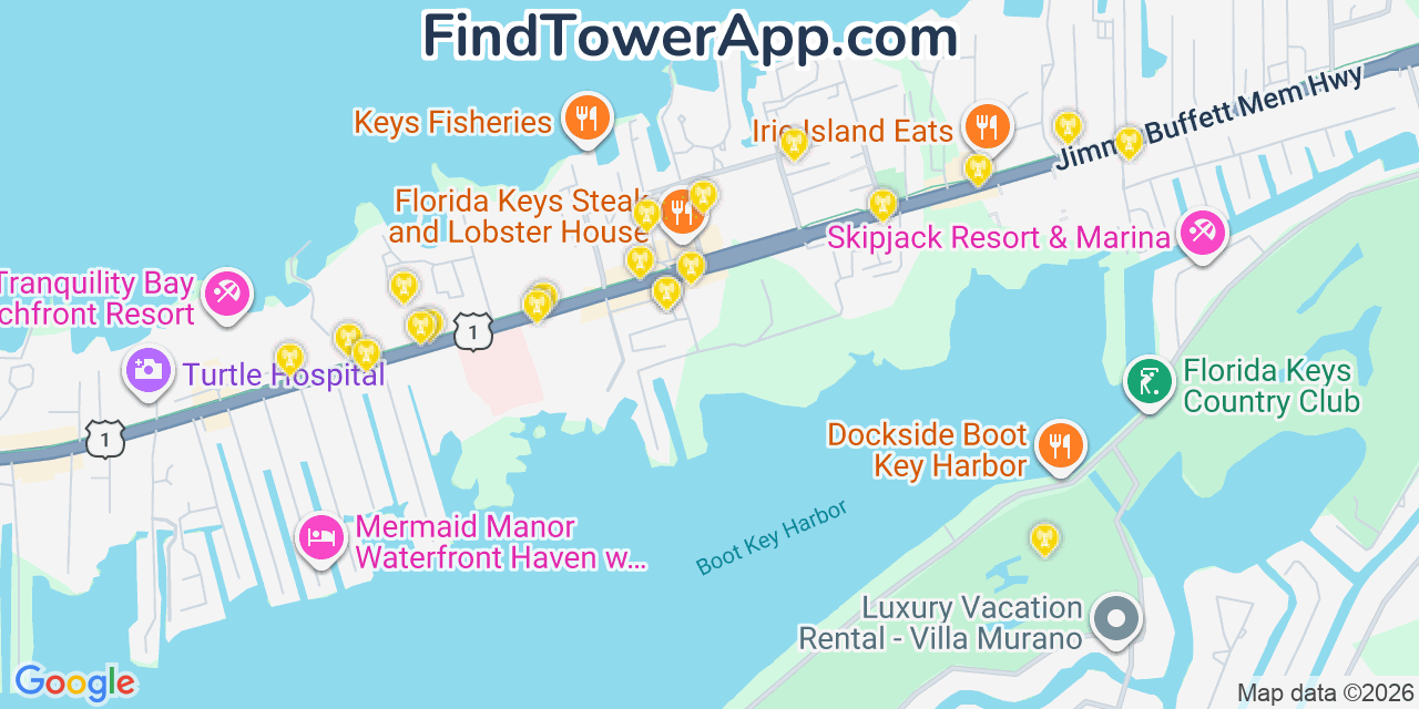 Map showing the 20 primary cell tower locations detected in Marathon, Florida from AT&T, Verizon, and T-Mobile networks