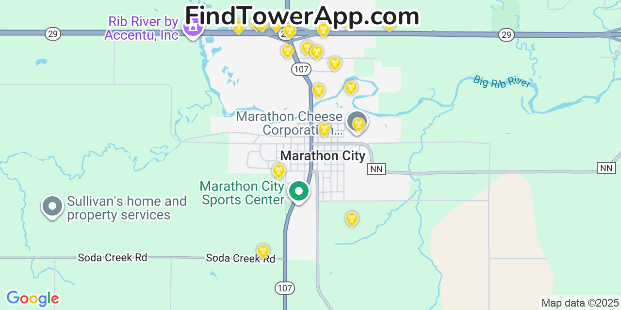 Map showing the 20 primary cell tower locations detected in Marathon, Wisconsin from AT&T, Verizon, and T-Mobile networks