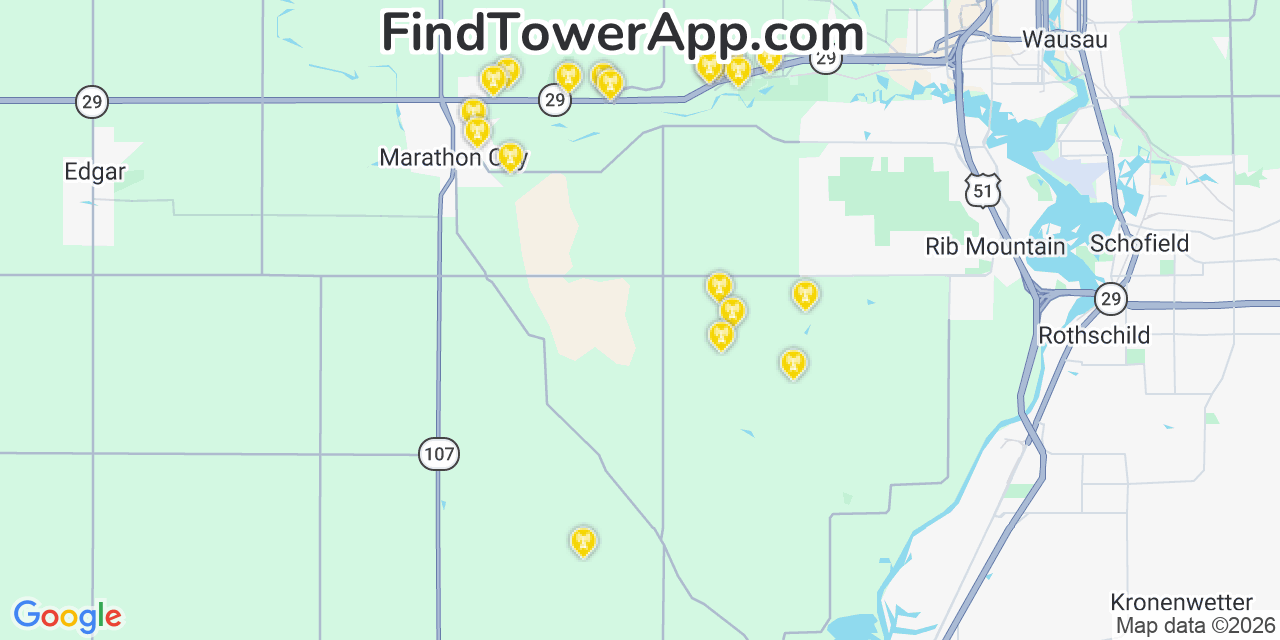 Map showing the 20 primary cell tower locations detected in Marathon, Wisconsin from AT&T, Verizon, and T-Mobile networks