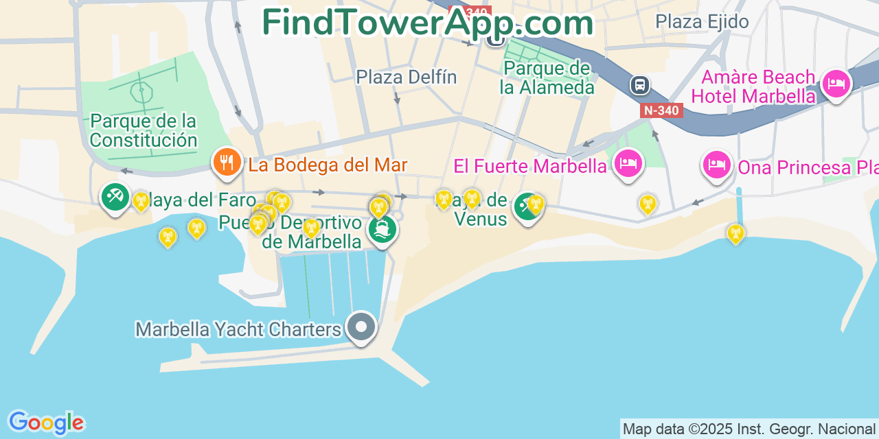 Map showing the 20 primary cell tower locations detected in Marbella, Spain with coverage areas and signal strength