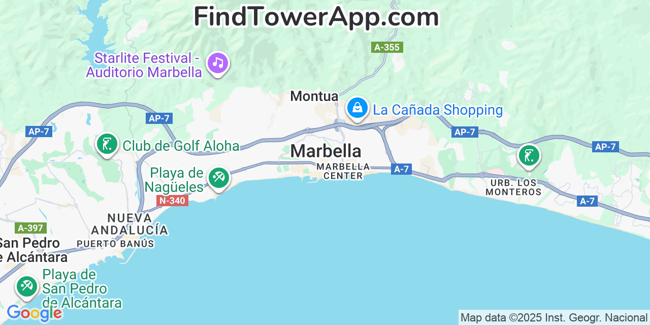 Map showing the 0 primary Vodafone cell tower locations detected in Marbella, Spain with coverage radius and signal strength indicators