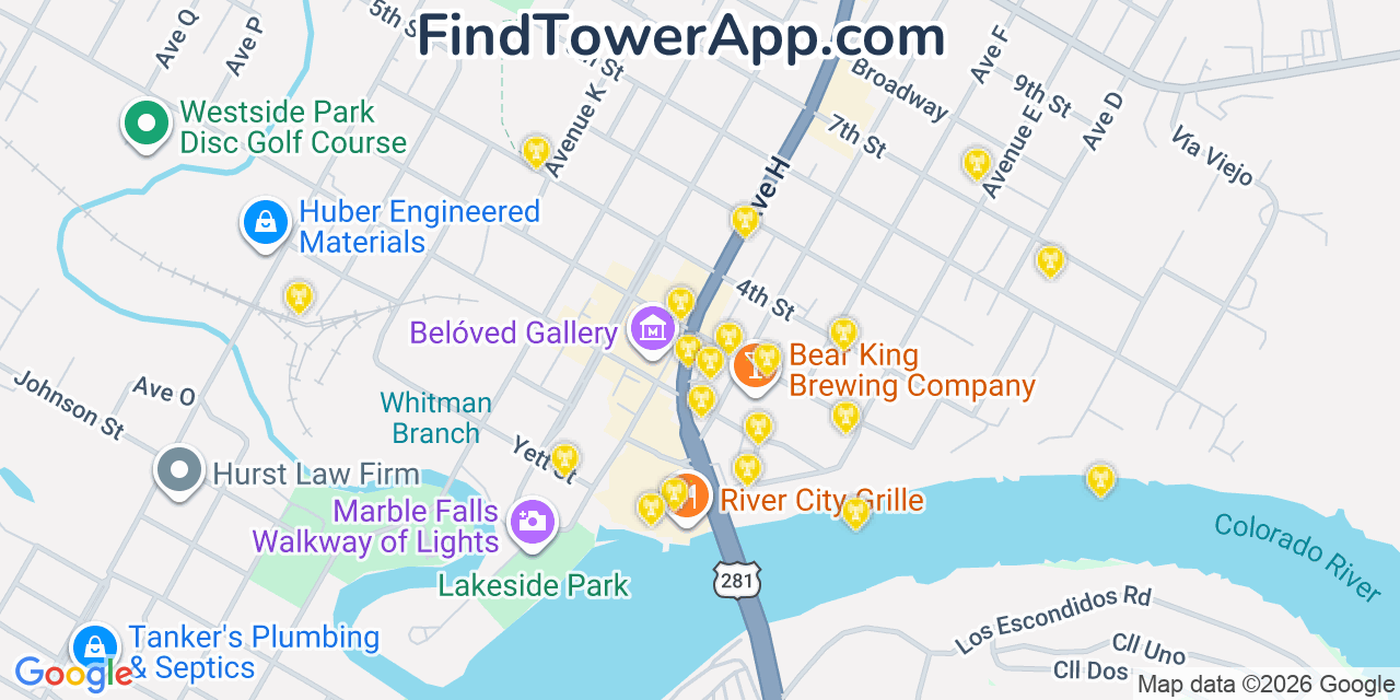 Map showing the 20 primary cell tower locations detected in Marble Falls, Texas from AT&T, Verizon, and T-Mobile networks