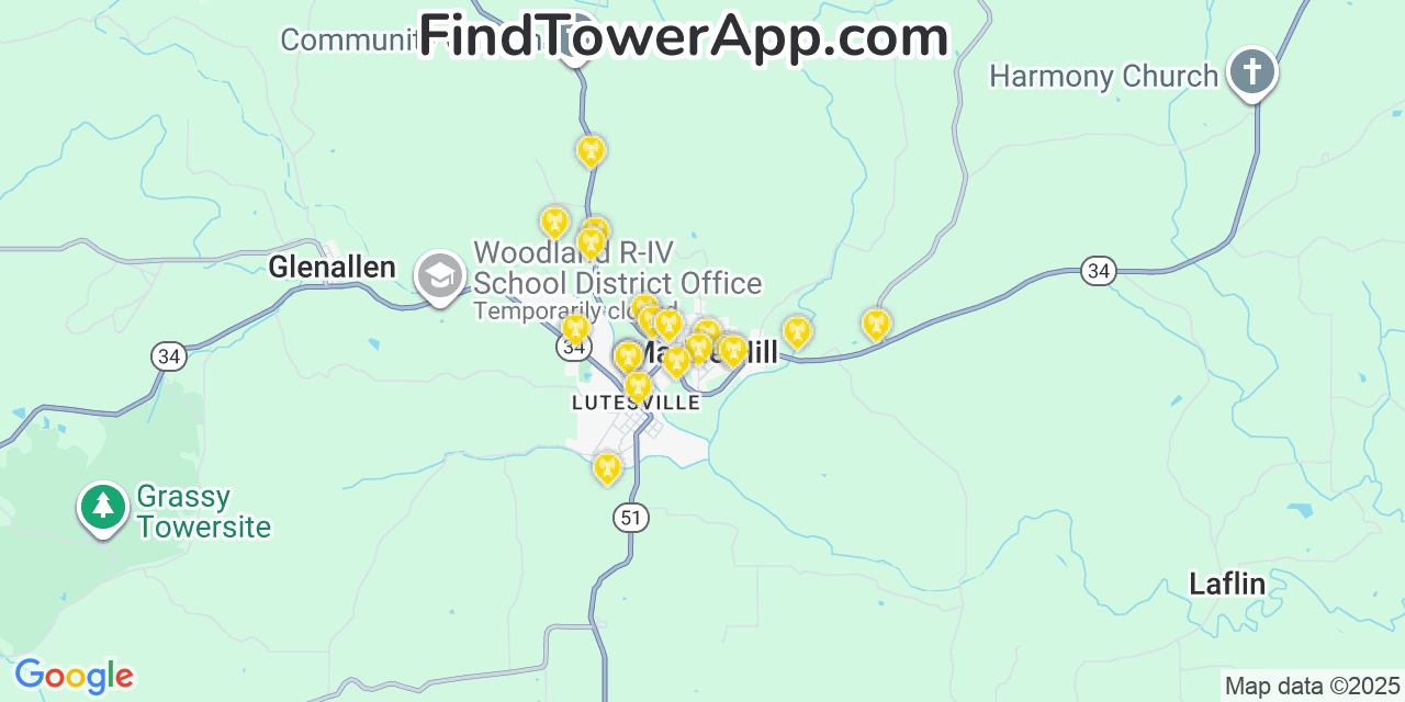 Map showing the 20 primary cell tower locations detected in Marble Hill, Missouri from AT&T, Verizon, and T-Mobile networks