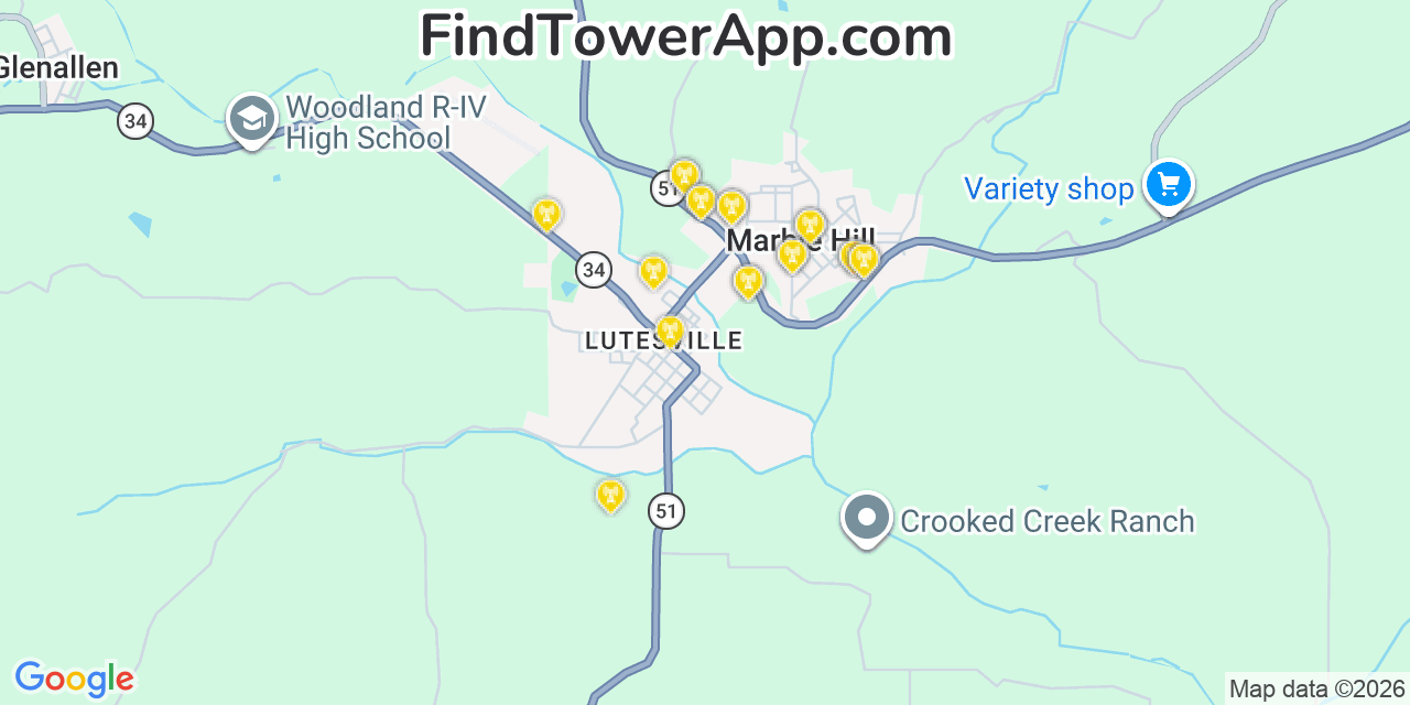 Map showing the 20 primary cell tower locations detected in Marble Hill, Missouri from AT&T, Verizon, and T-Mobile networks