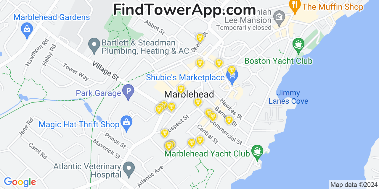 AT&T 4G/5G cell tower coverage map Marblehead, Massachusetts