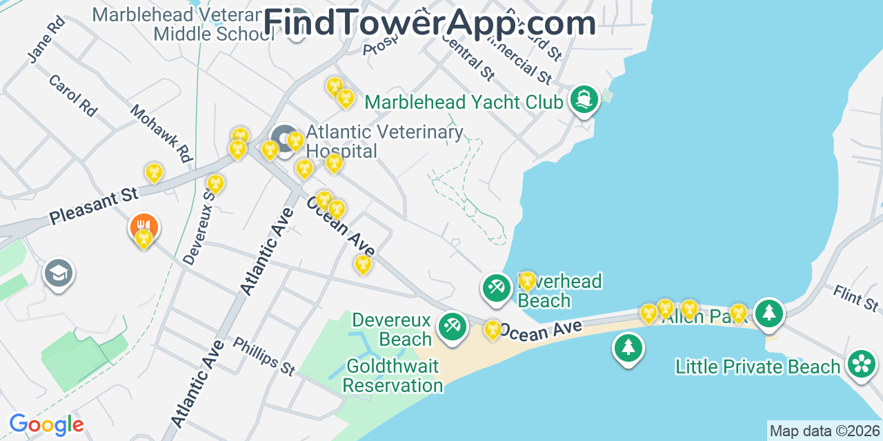 Map showing the 20 primary cell tower locations detected in Marblehead, Massachusetts from AT&T, Verizon, and T-Mobile networks