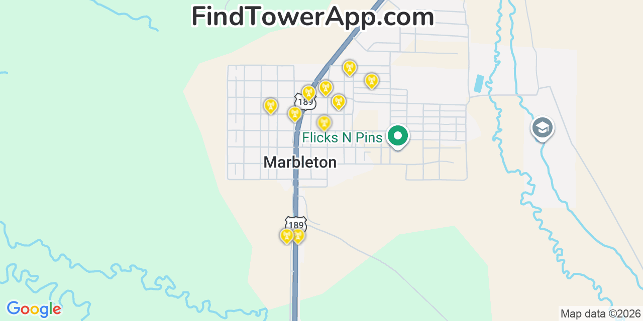 Map showing the 20 primary cell tower locations detected in Marbleton, Wyoming from AT&T, Verizon, and T-Mobile networks