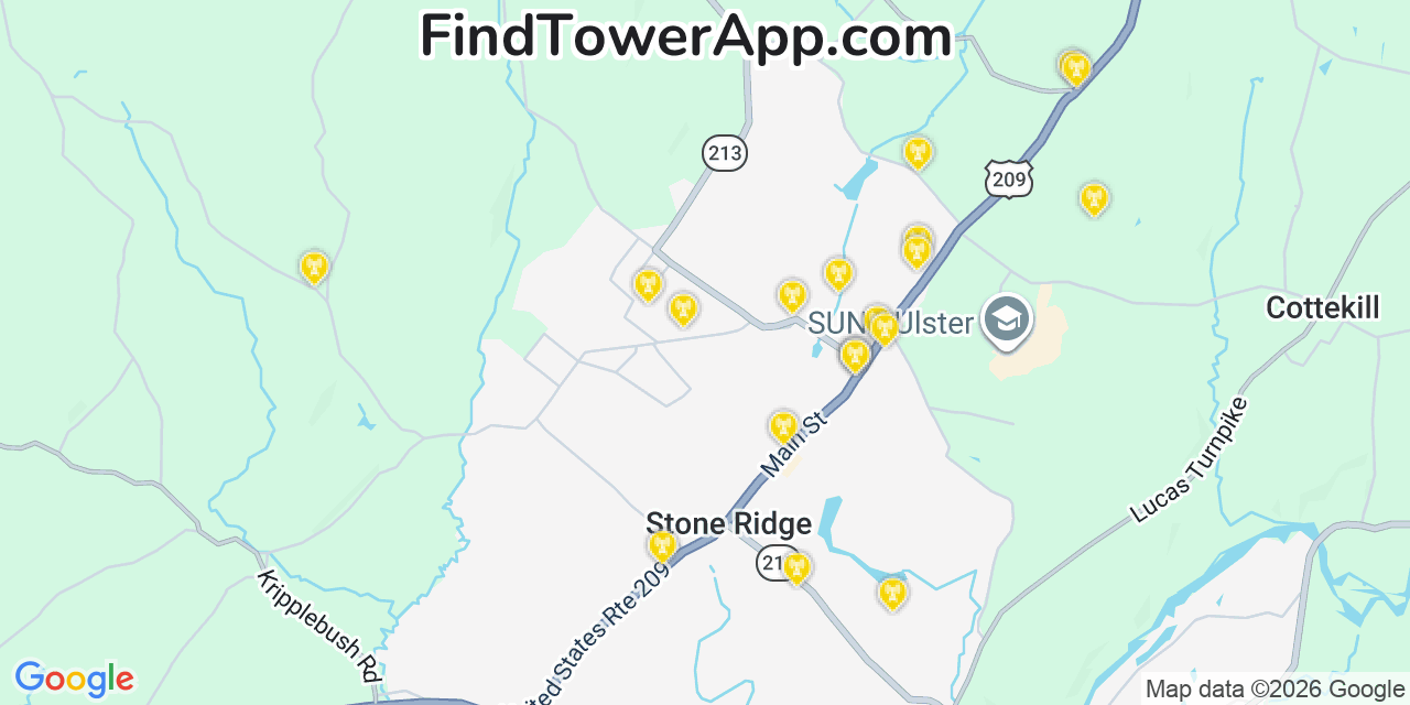 Map showing the 20 primary cell tower locations detected in Marbletown, New York from AT&T, Verizon, and T-Mobile networks