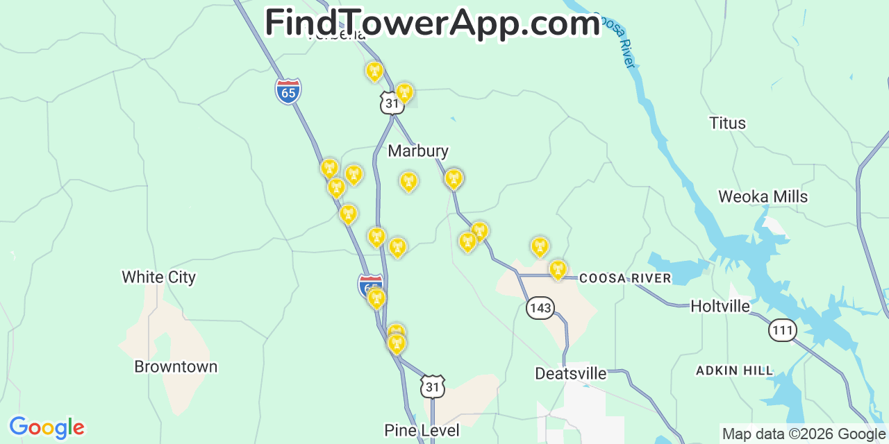 Map showing the 20 primary cell tower locations detected in Marbury, Alabama from AT&T, Verizon, and T-Mobile networks