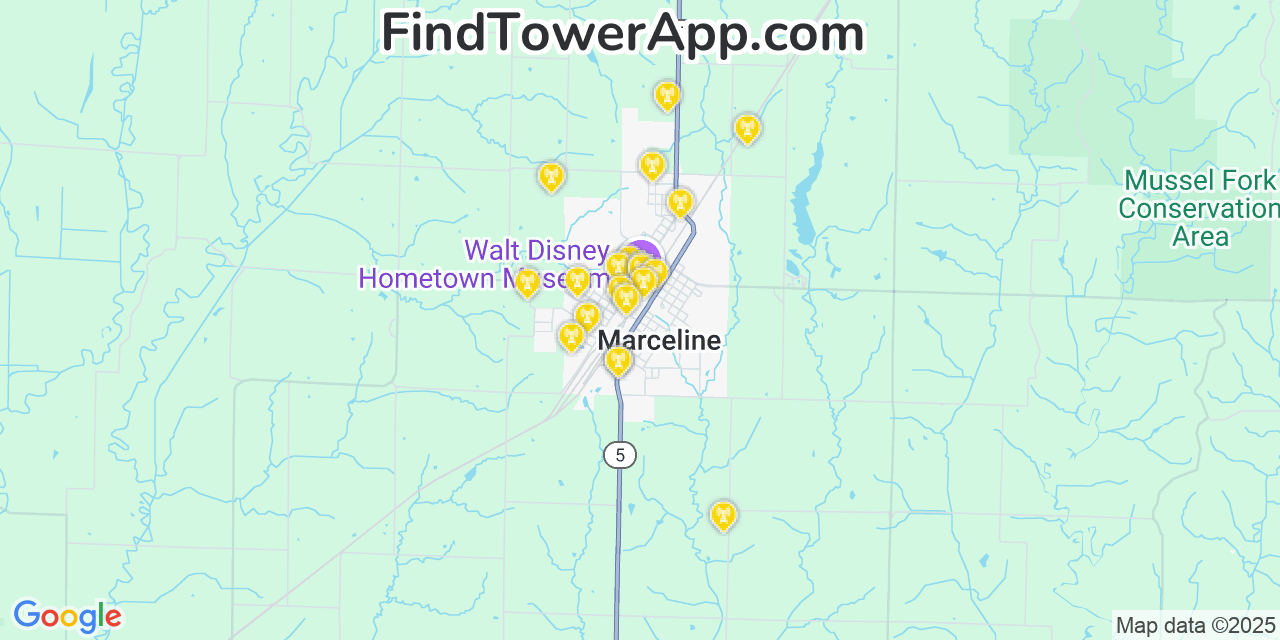 Map showing the 20 primary cell tower locations detected in Marceline, Missouri from AT&T, Verizon, and T-Mobile networks