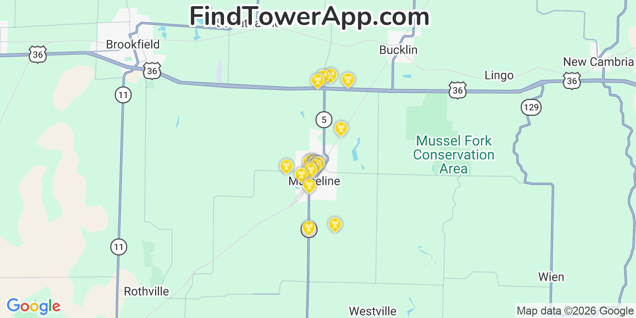Map showing the 20 primary cell tower locations detected in Marceline, Missouri from AT&T, Verizon, and T-Mobile networks