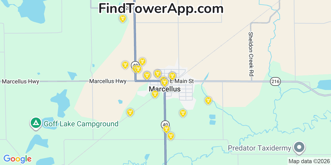 Map showing the 20 primary cell tower locations detected in Marcellus, Michigan from AT&T, Verizon, and T-Mobile networks