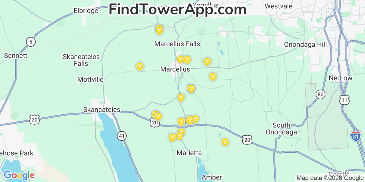 Map showing the 20 primary cell tower locations detected in Marcellus, New York from AT&T, Verizon, and T-Mobile networks