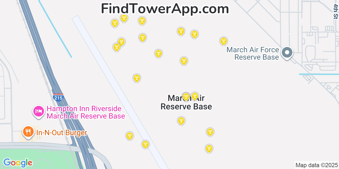 Map showing the 20 primary cell tower locations detected in March Air Force Base, California from AT&T, Verizon, and T-Mobile networks