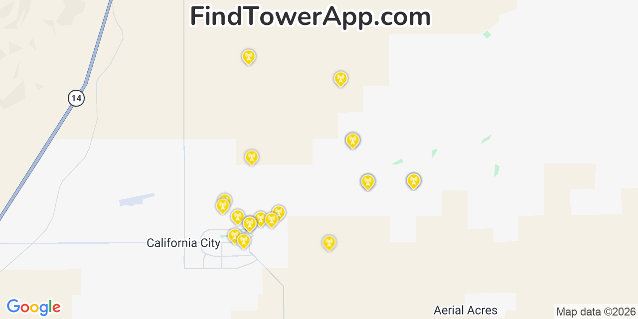 Map showing the 20 primary cell tower locations detected in March Air Force Base, California from AT&T, Verizon, and T-Mobile networks