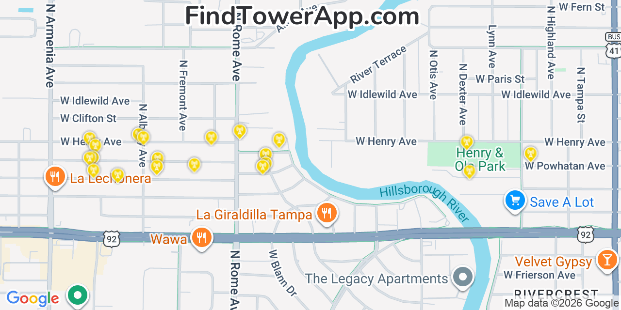 Map showing the 20 primary cell tower locations detected in Marco, Florida from AT&T, Verizon, and T-Mobile networks