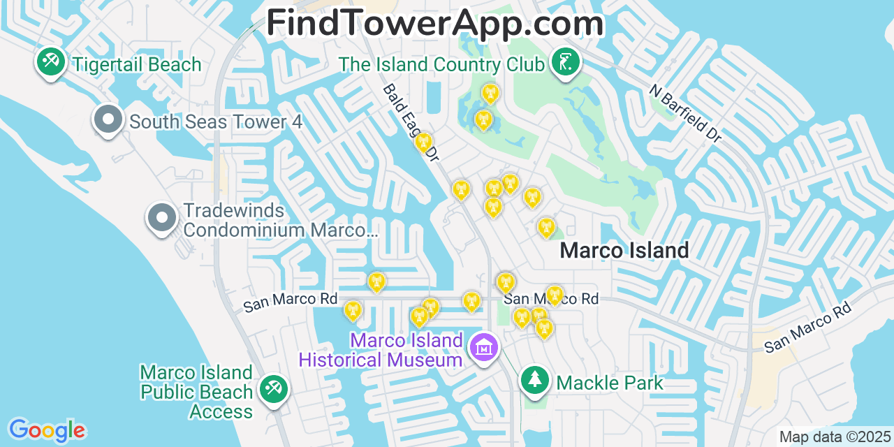 Map showing the 20 primary cell tower locations detected in Marco Island, Florida from AT&T, Verizon, and T-Mobile networks
