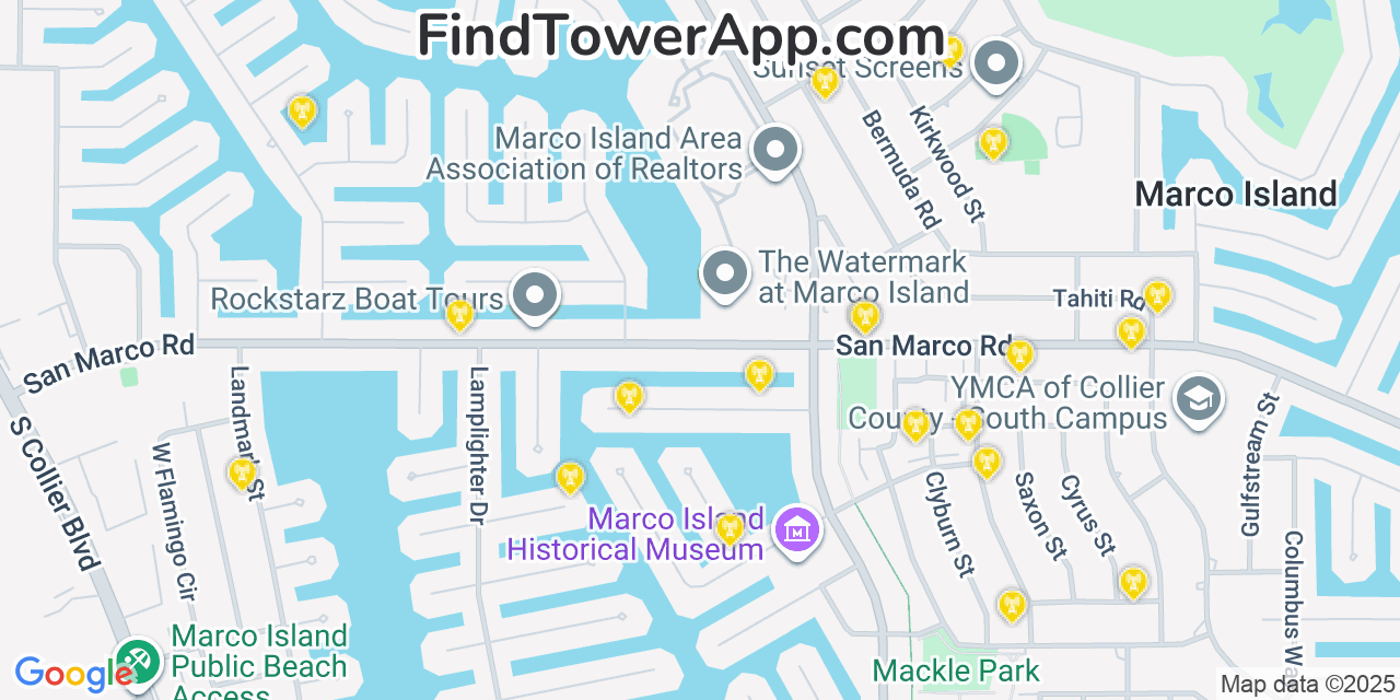 Map showing the 20 primary cell tower locations detected in Marco Island, Florida from AT&T, Verizon, and T-Mobile networks
