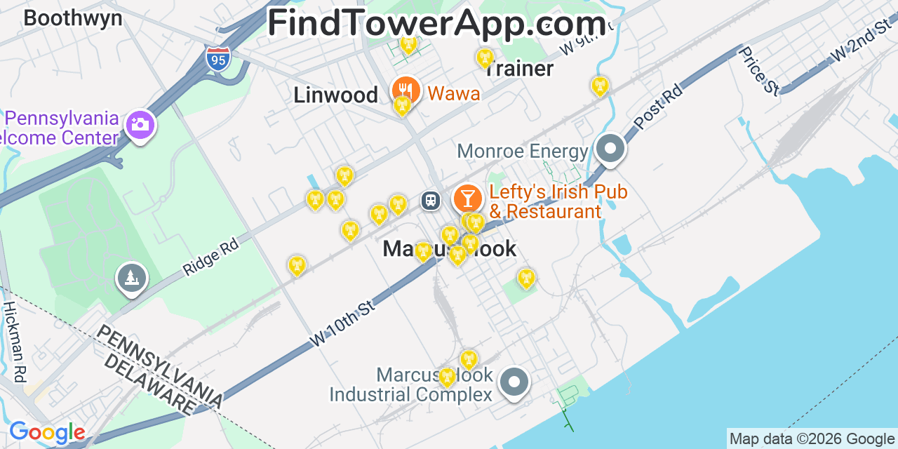 Map showing the 20 primary cell tower locations detected in Marcus Hook, Pennsylvania from AT&T, Verizon, and T-Mobile networks