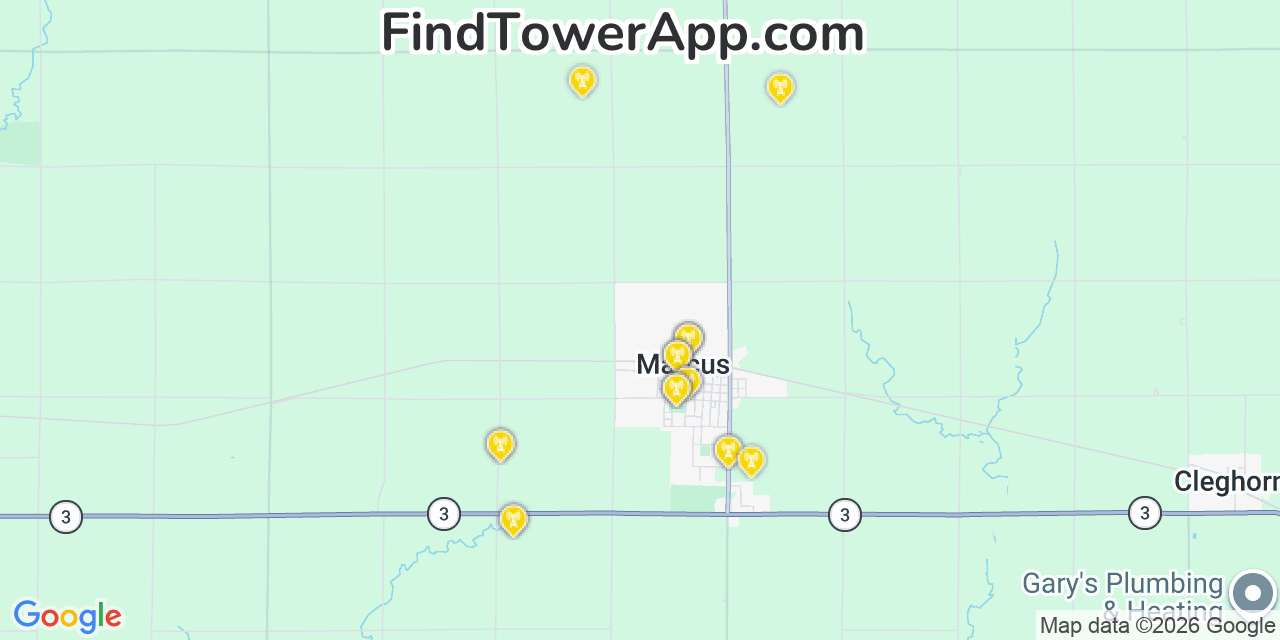 Map showing the 20 primary cell tower locations detected in Marcus, Iowa from AT&T, Verizon, and T-Mobile networks
