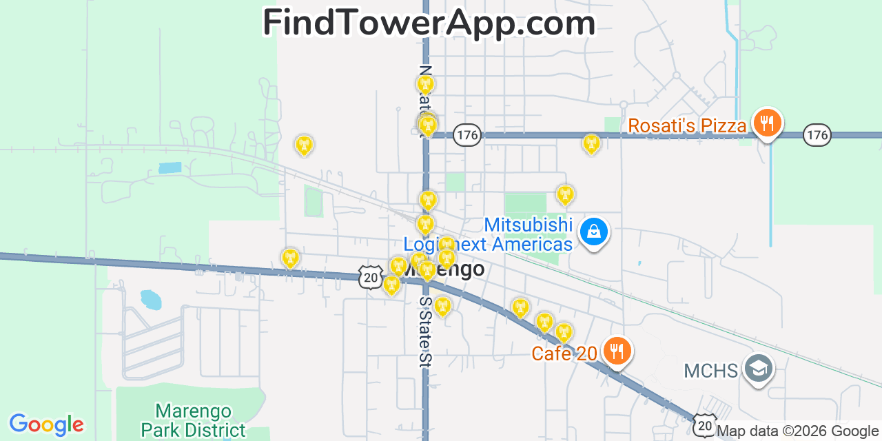 Map showing the 20 primary cell tower locations detected in Marengo, Illinois from AT&T, Verizon, and T-Mobile networks