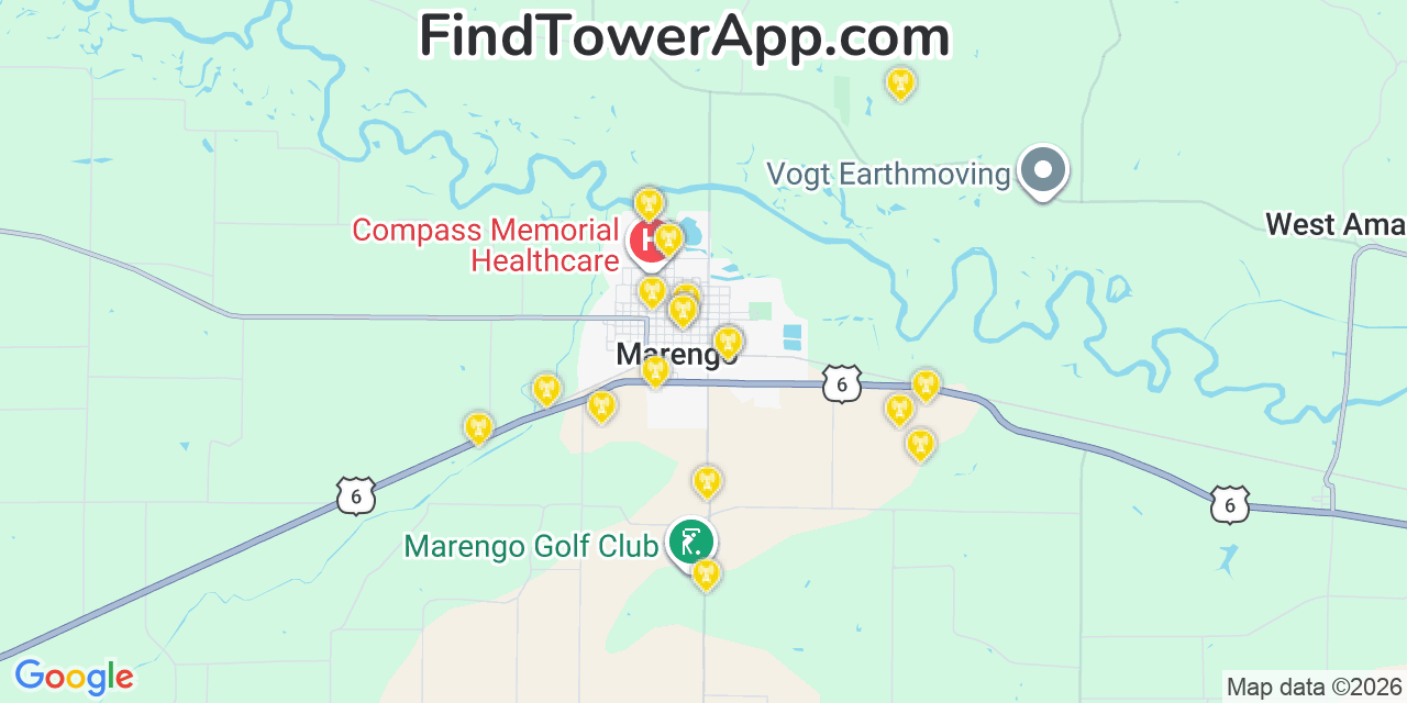 Map showing the 20 primary cell tower locations detected in Marengo, Iowa from AT&T, Verizon, and T-Mobile networks