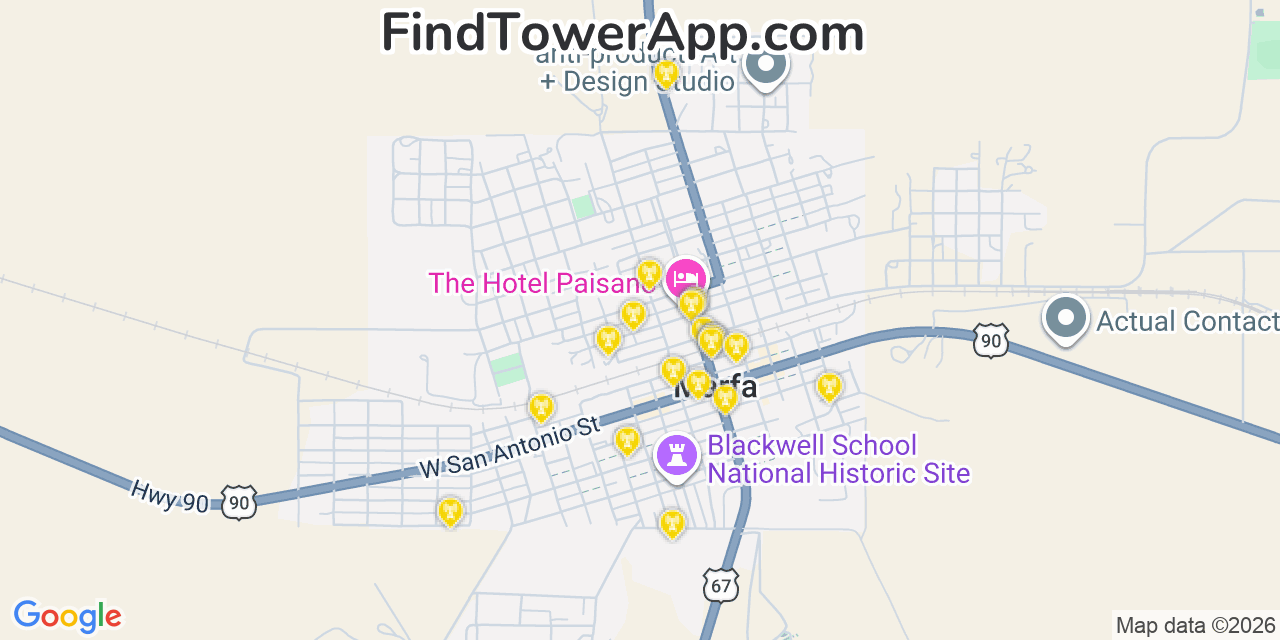 Map showing the 20 primary cell tower locations detected in Marfa, Texas from AT&T, Verizon, and T-Mobile networks