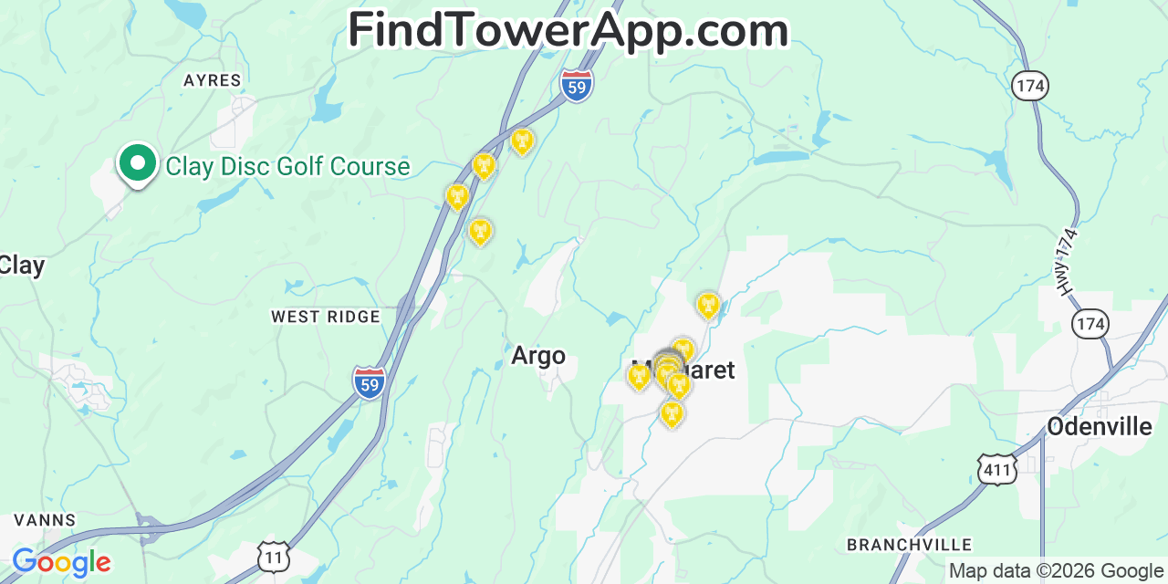 Map showing the 20 primary cell tower locations detected in Margaret, Alabama from AT&T, Verizon, and T-Mobile networks