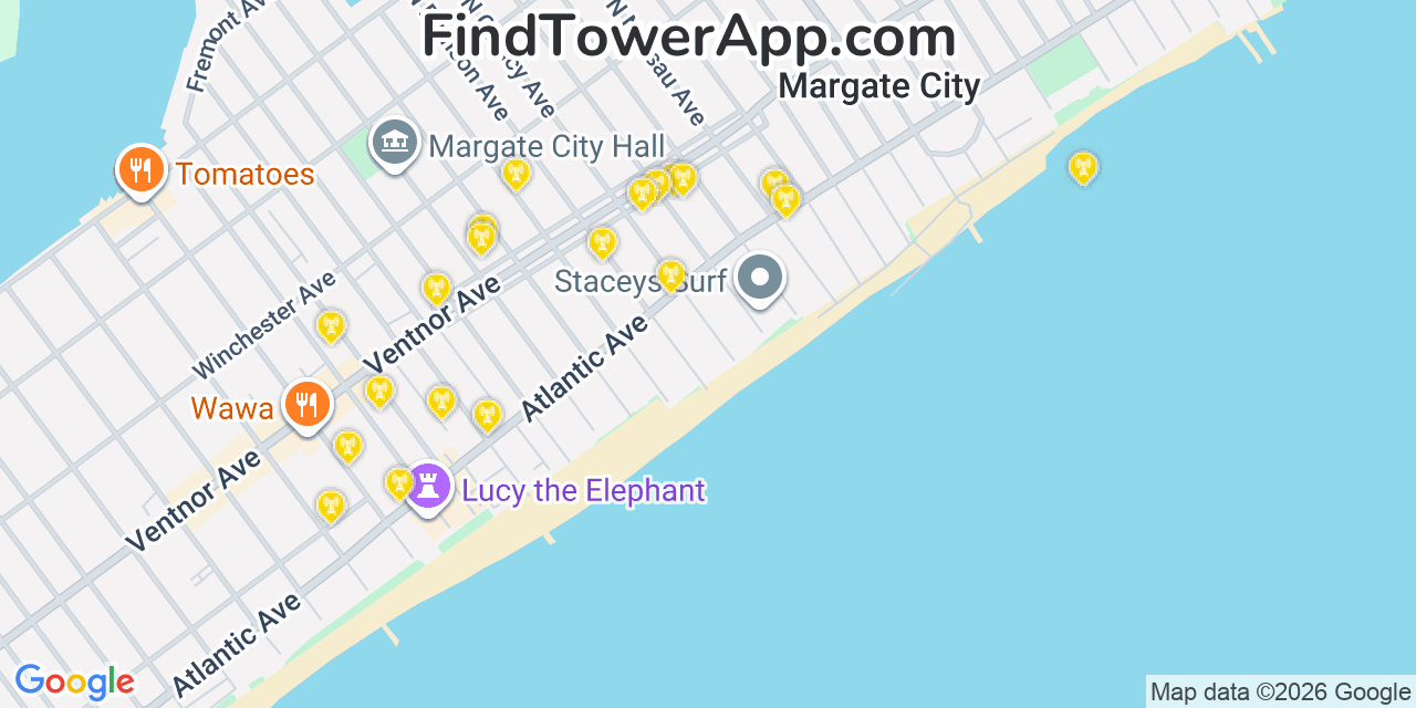 Map showing the 20 primary cell tower locations detected in Margate City, New Jersey from AT&T, Verizon, and T-Mobile networks