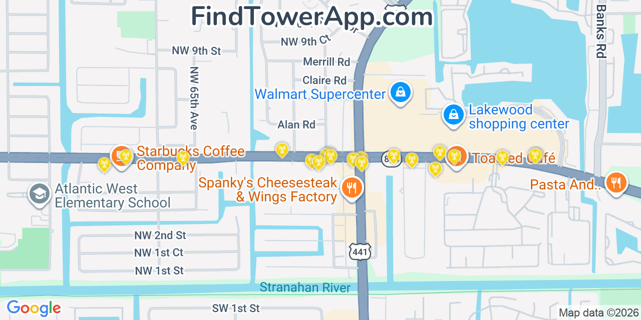 Map showing the 20 primary cell tower locations detected in Margate, Florida from AT&T, Verizon, and T-Mobile networks