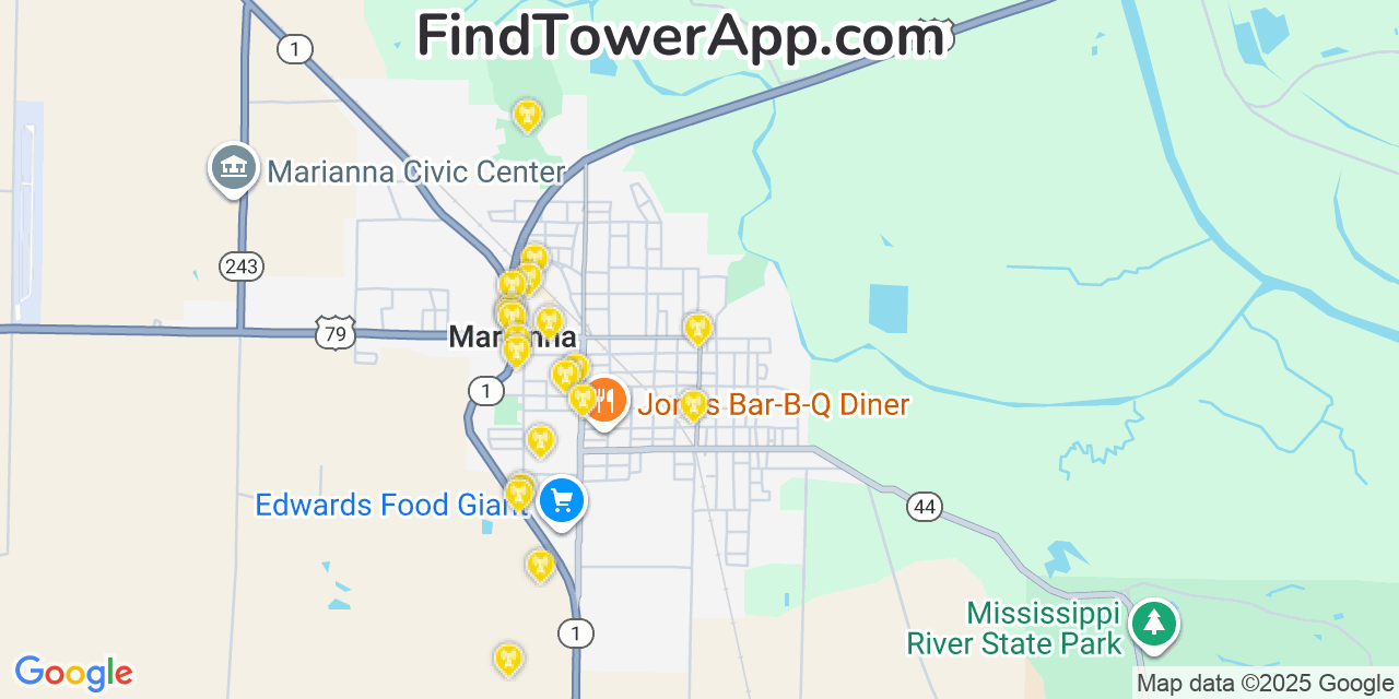 Map showing the 20 primary cell tower locations detected in Marianna, Arkansas from AT&T, Verizon, and T-Mobile networks