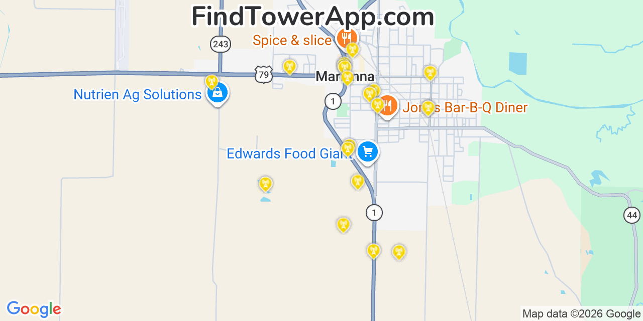 Map showing the 20 primary cell tower locations detected in Marianna, Arkansas from AT&T, Verizon, and T-Mobile networks