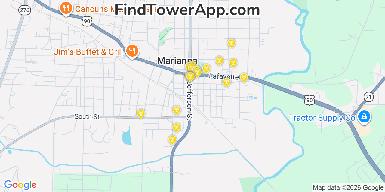 Map showing the 20 primary cell tower locations detected in Marianna, Florida from AT&T, Verizon, and T-Mobile networks