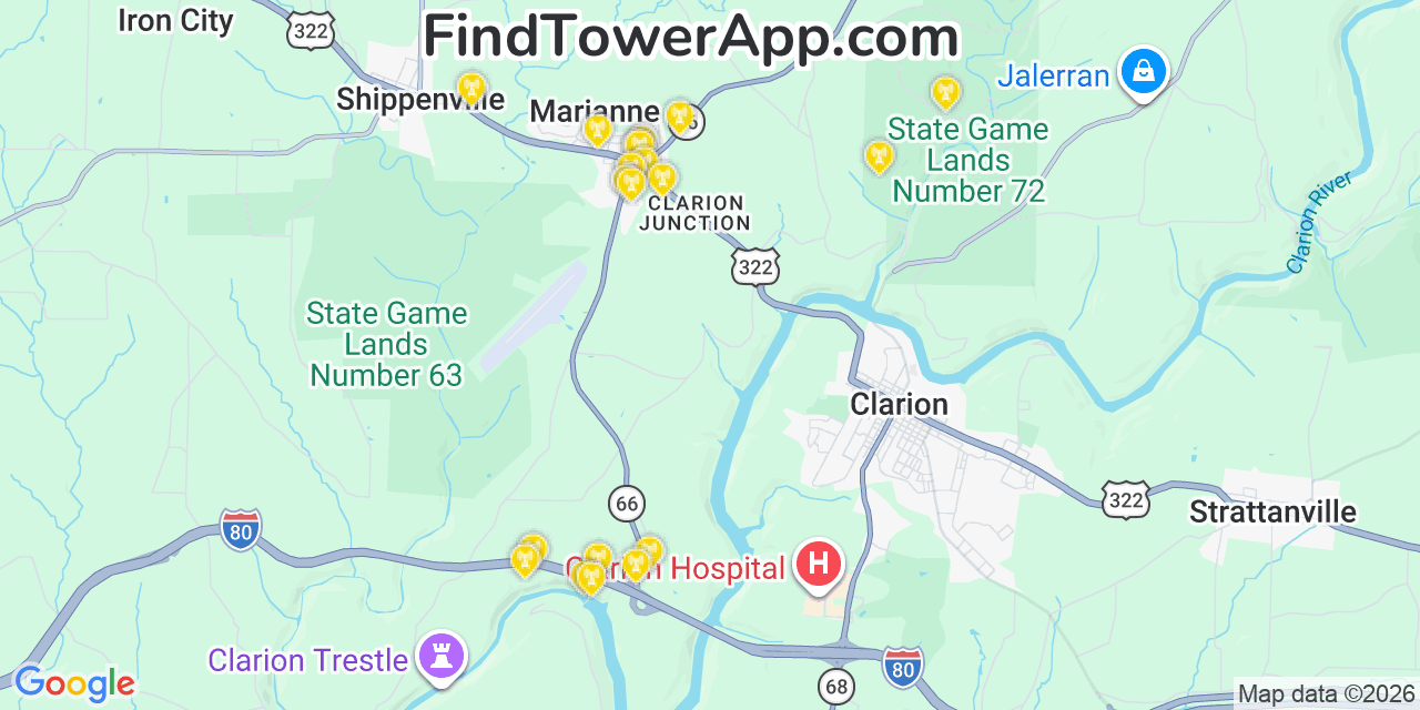 Map showing the 20 primary cell tower locations detected in Marianne, Pennsylvania from AT&T, Verizon, and T-Mobile networks