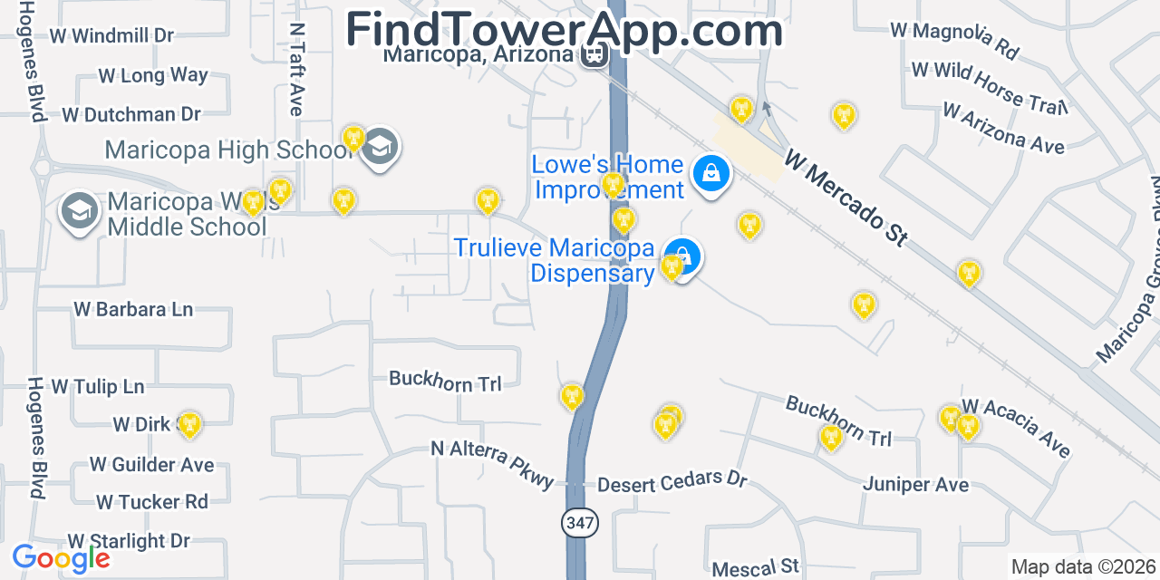 Map showing the 20 primary cell tower locations detected in Maricopa, Arizona from AT&T, Verizon, and T-Mobile networks