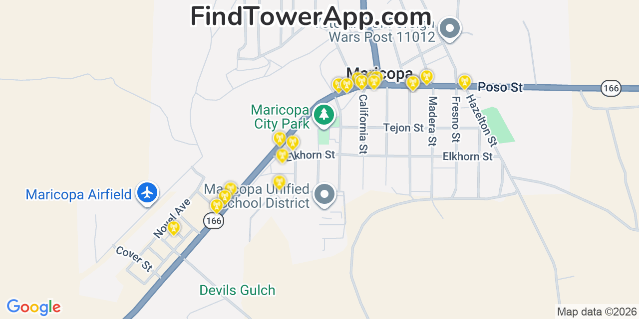 Map showing the 20 primary cell tower locations detected in Maricopa, California from AT&T, Verizon, and T-Mobile networks