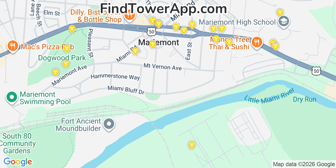 Map showing the 20 primary cell tower locations detected in Mariemont, Ohio from AT&T, Verizon, and T-Mobile networks