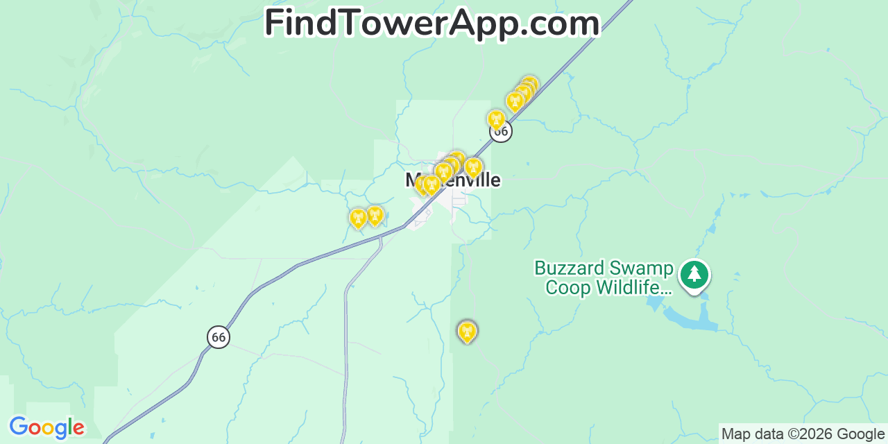 Map showing the 20 primary cell tower locations detected in Marienville, Pennsylvania from AT&T, Verizon, and T-Mobile networks