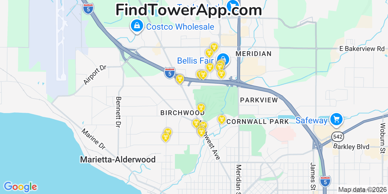 Map showing the 20 primary cell tower locations detected in Marietta Alderwood, Washington from AT&T, Verizon, and T-Mobile networks
