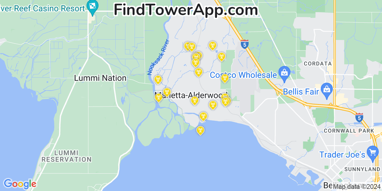 Verizon 4G/5G cell tower coverage map Marietta Alderwood, Washington