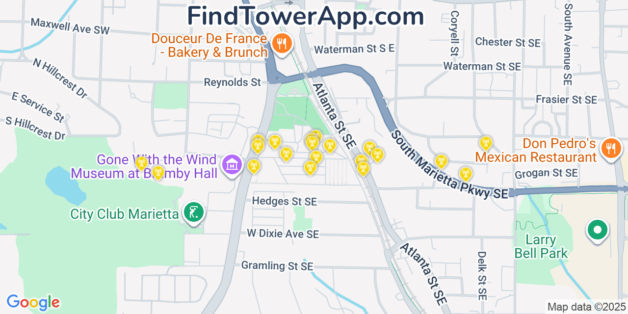 Map showing the 20 primary cell tower locations detected in Marietta, Georgia from AT&T, Verizon, and T-Mobile networks