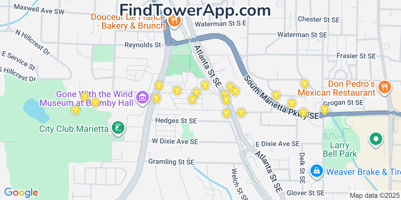 Map showing the 20 primary Mobitel cell tower locations detected in Marietta, Georgia with coverage radius and signal strength indicators