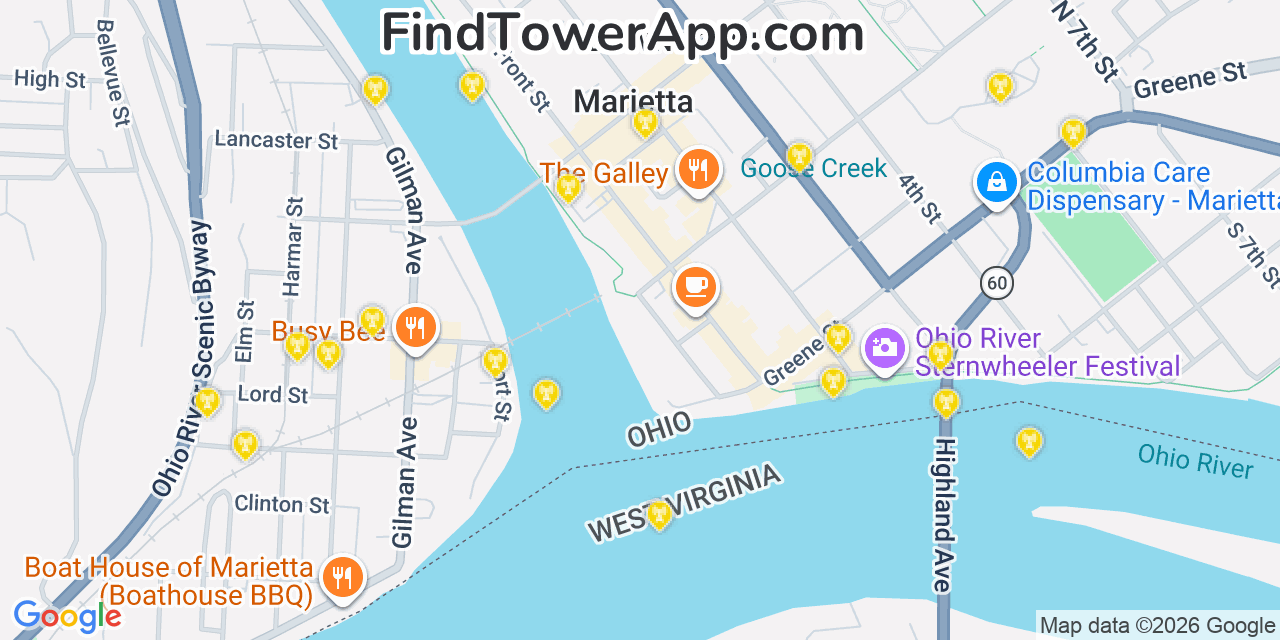 Map showing the 20 primary cell tower locations detected in Marietta, Ohio from AT&T, Verizon, and T-Mobile networks