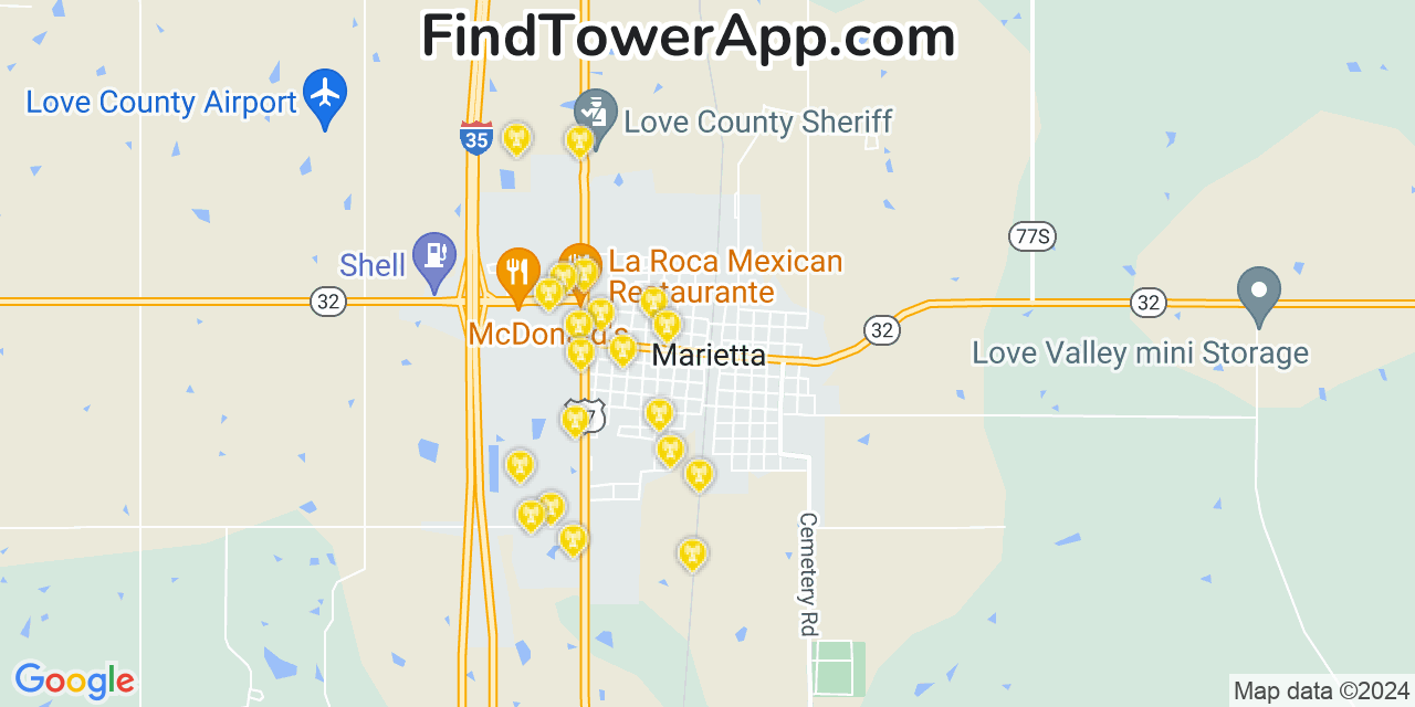 AT&T 4G/5G cell tower coverage map Marietta, Oklahoma