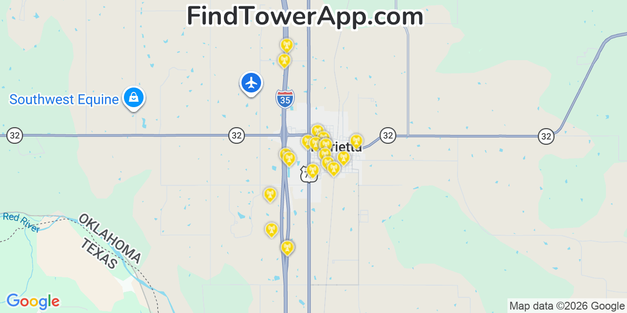Map showing the 20 primary cell tower locations detected in Marietta, Oklahoma from AT&T, Verizon, and T-Mobile networks