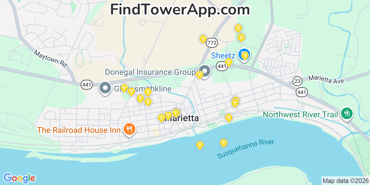 Map showing the 20 primary cell tower locations detected in Marietta, Pennsylvania from AT&T, Verizon, and T-Mobile networks