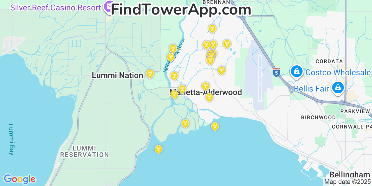 Map showing the 20 primary cell tower locations detected in Marietta, Washington from AT&T, Verizon, and T-Mobile networks
