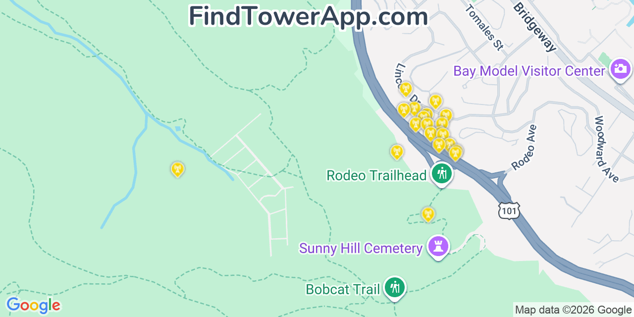 Map showing the 20 primary cell tower locations detected in Marin City, California from AT&T, Verizon, and T-Mobile networks