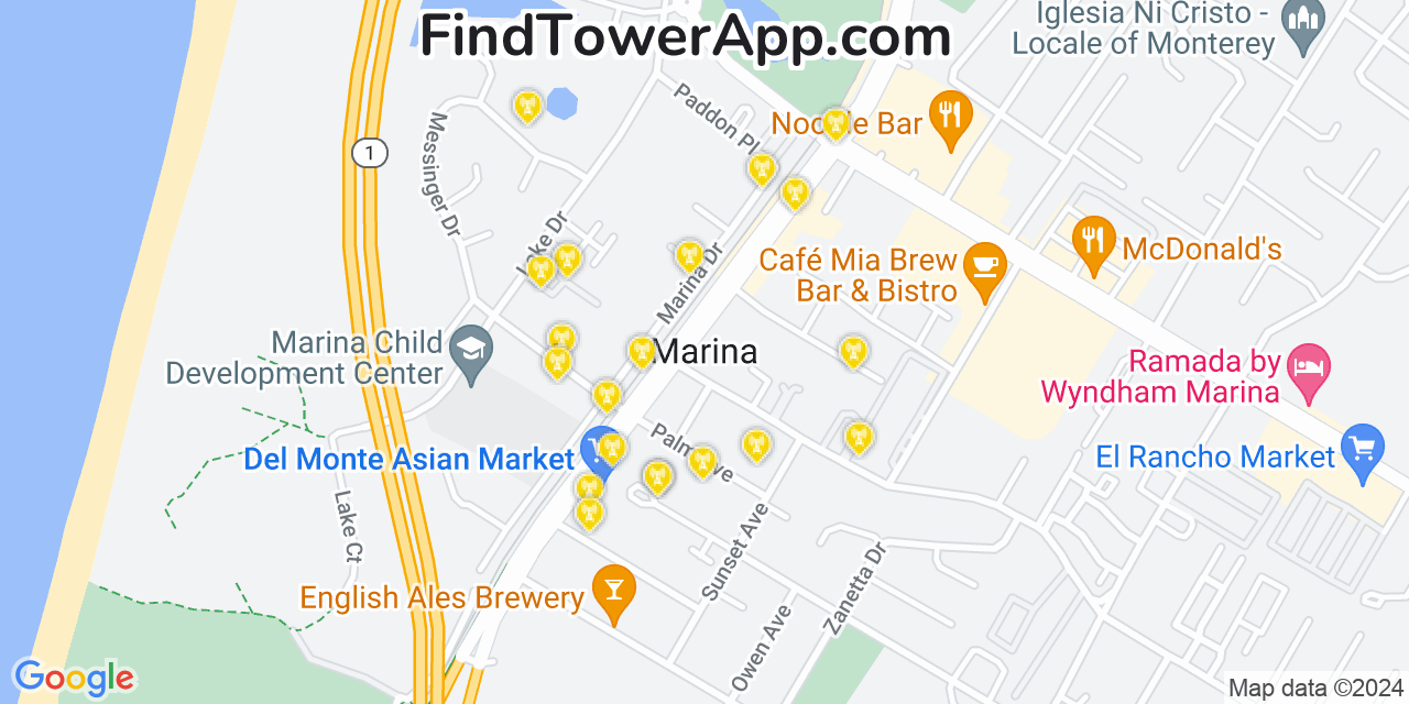 AT&T 4G/5G cell tower coverage map Marina, California