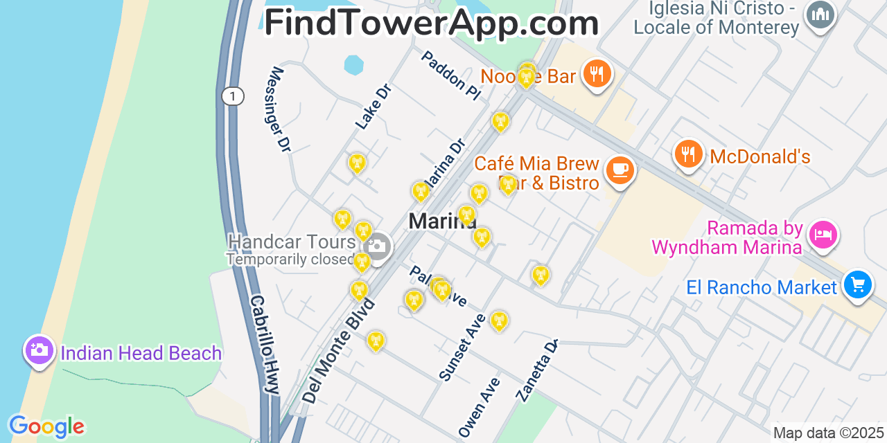 Map showing the 20 primary cell tower locations detected in Marina, California from AT&T, Verizon, and T-Mobile networks